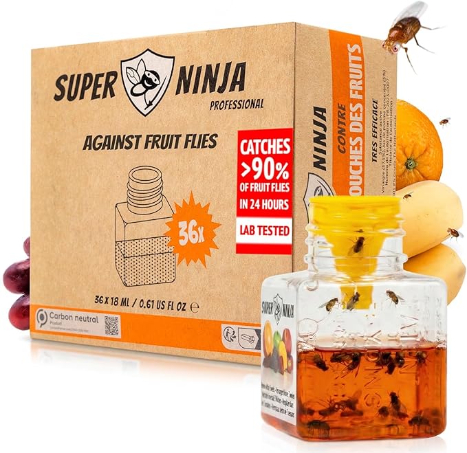 Super Ninja Fruit Fly Traps for Indoors - 36 Pack, Highly Effective Fruit Fly Catcher for Indoor Use for Home & Kitchen, Up to 3 Weeks of Performance per Bottle, Kid & Pet Friendly