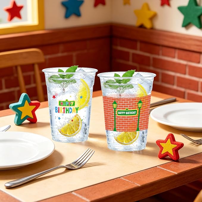 50Pcs 16oz Red Brick Wall Street Birthday Plastic Cups Red Brick Disposable Cups Retro Street Theme Plastic Tumblers for Boys Girls Birthday Baby Shower Party Supplies Beverage Drinking