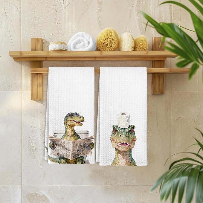 Funny Dinosaur Dino Hand Towels Set of 2 for Washroom Decor, Dino Dinosaurs Gifts Decorative Hand Towels for Boys Kids, Dinosaur Bathroom Decor, Dinosaurs Themed Dish Tea Towel, 16x24 Inch