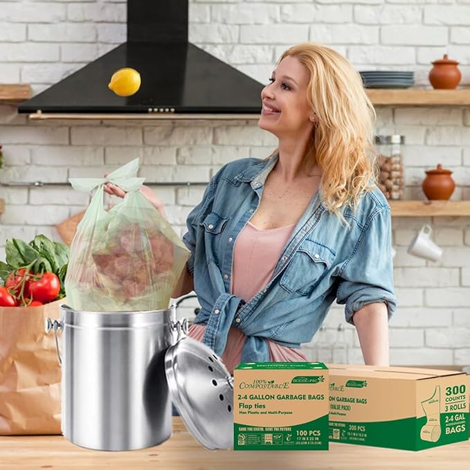 BEIDOU-PAC 3 Gallon Flap Tie Compostable Trash Bags, 100 Count Small Compost Bags, Biodegradable Kitchen Garbage Bags, Food Scrap Waste Bags for Countertop Bin, ASTM D6400, US BPI Certified