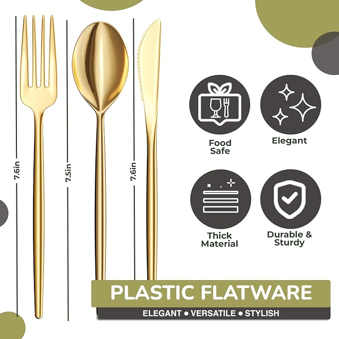 Gold Plastic Spoons Disposable Silverware 120 Pack Gold Plastic Cutlery Set Disposable Gold Silverware Set - Beautiful Gold Plastic Silverware Plastic Utensils Set Gold Spoons By Trendables