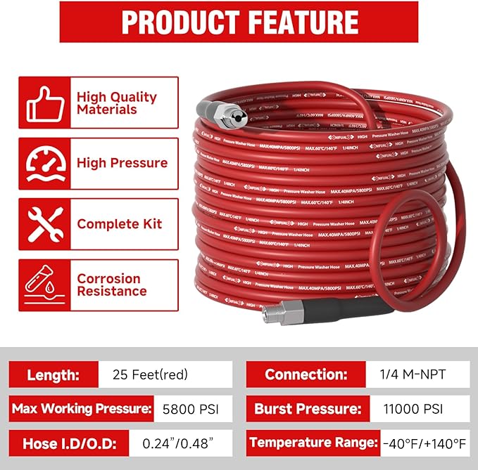 NIFUAL Sewer Jetter Kit for Pressure Washer,25FT 5800PSI Pressure Drain Cleaner 1/4 Inch NPT Corner Rotating and Button Hose Sewer Jetting Nozzle for Homeowners & DIYers (25FT)
