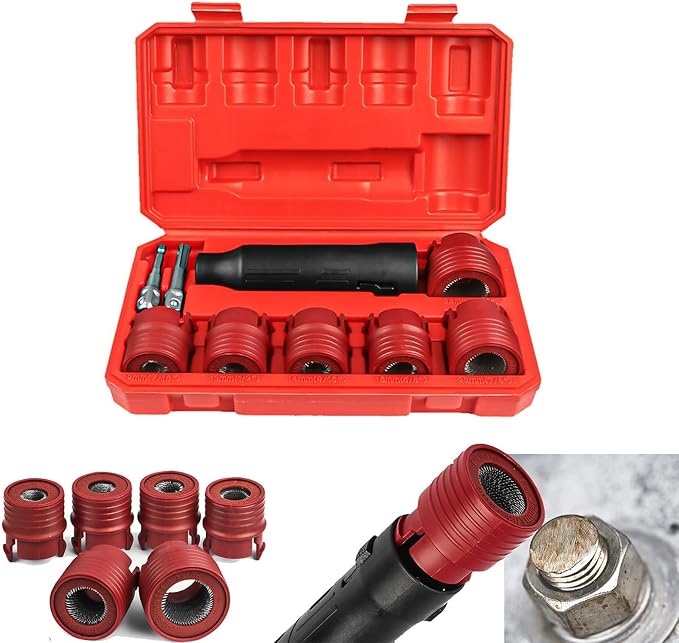 9 Piece Automotive Wheel Stud Cleaner Tool Set for Removing Rust and Debris, Includes 1/4-inch Hex to 1/2-inch Square Adapter to Allow for Use with Drills and Pneumatic Tools