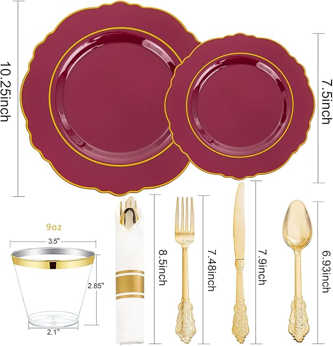 Liacere 350PCS Red Plastic Plates-Disposable Burgundy Red and Gold Plates 50guest Baroque Plastic Dinnerware include 100Plates, 50Pack Pre Rolled Napkins with Silverware 50Cups for Party & Wedding