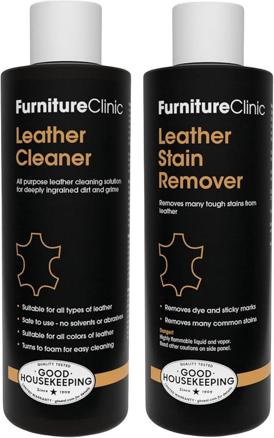 Furniture Clinic Leather Cleaner 8.5 Fl Oz + Leather Stain Remover 8.5 Fl Oz | Quickly Remove Stubborn Stains & Everyday Messes | All-Purpose Cleaning Solution for Couches, Car Seats, and More