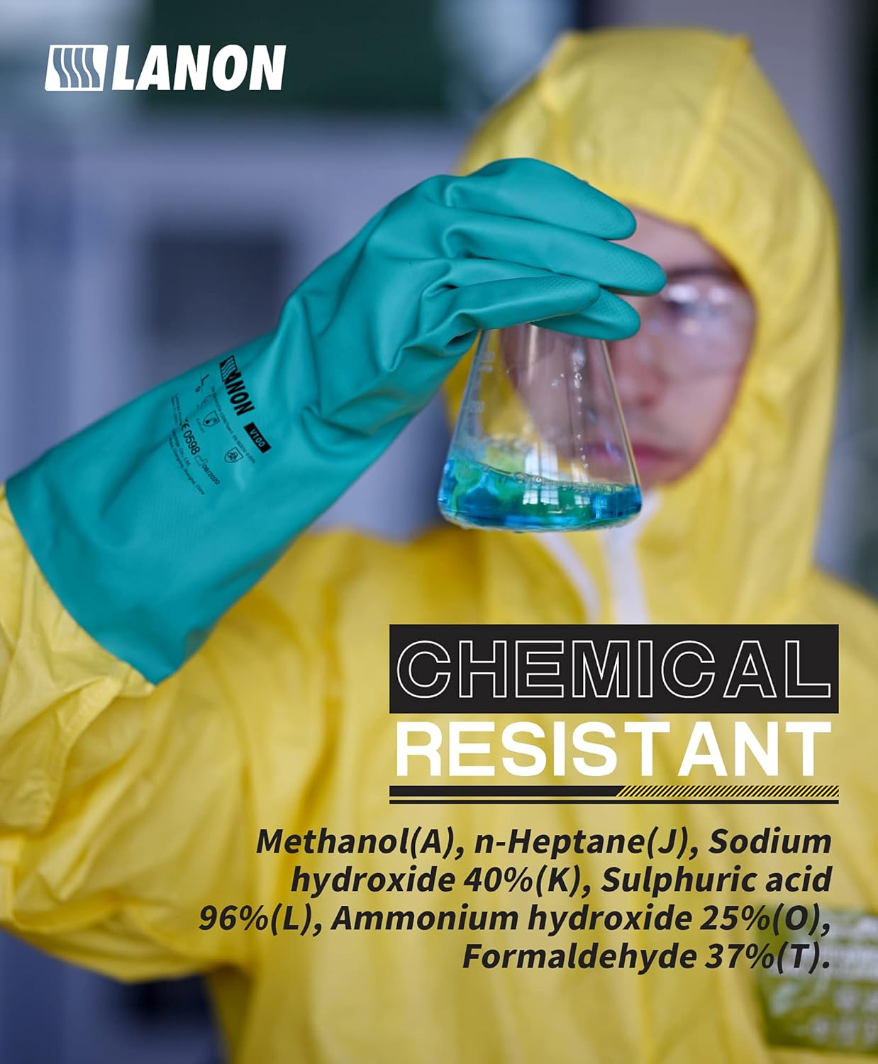 LANON 3 Pairs Nitrile Chemical Resistant Gloves, Reusable Heavy-Duty Rubber Gloves, Acid, Alkali & Oil Protection, Non-Slip, XL