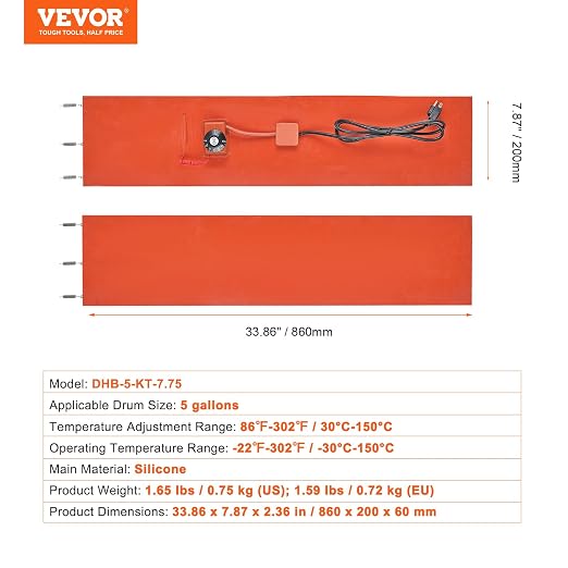 VEVOR Metal Drum Heater, 800 Watt 7.75" Width, Pail Heating Band for 5 Gallon Barrel, 86-302℉ Adjustable Thermostat, High Efficiency Silicone Grease Keg Heater, Tested to UL 499 Standard, FCC Listed