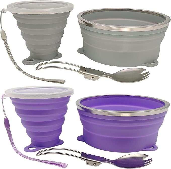 Mess Kit for Camping Silicone Collapsible Bowl Collapsible Cup and Stainless Steel Spoon for Backpacking Outdoor Hiking Traveling and Picnic - 2 Pack