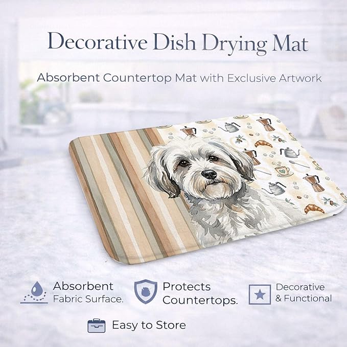 Caroline's Treasures White with Gray Coton de Tulear Coffee Bar Dish Drying Mat Absorbent Dish Drying Mat Pad for Kitchen Counter Dish Drainer Mat for Countertop, 14 x 21", Multicolor