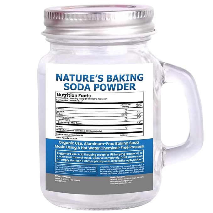 Organic Use Aluminum Free Baking Soda Bulk Supplement Powder in Mason Jar with Lid & Spoon - Food Grade & Organic Use Baking Soda for pH Balance, Kidney Health, Antacid & Detox Support - 16oz