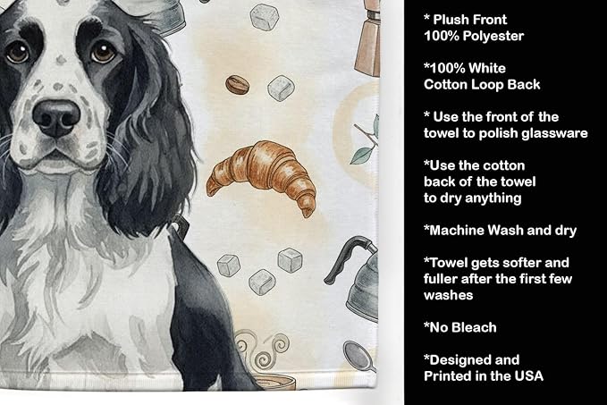 Caroline's Treasures Black and White English Springer Spaniel Coffee Bar Kitchen Towel Velour Plush Front and Cotton Loop Back Machine Washable