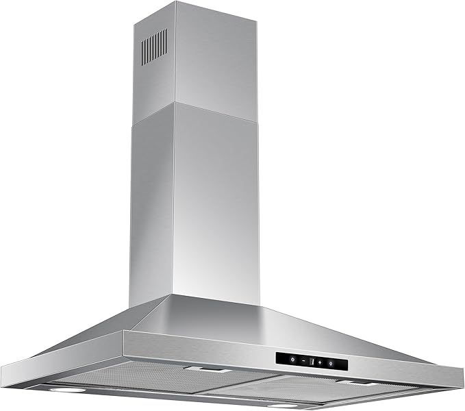 Tieasy Range Hood 30 inch Wall Mount, Kitchen Vent Hood 450 CFM in Stainless Steel, Stove Vent Hood with Ducted Convertible Ductless, Touch Switch, LEDs Light, 3-Speed Fan, Aluminum Filters