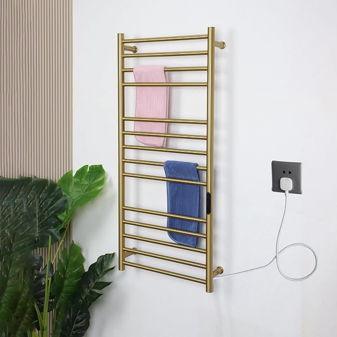 Gold Wall Mounted Heated Towel Rack,Gold Towel Warmers Rack for Bathroom, Timer & Temperature Control Electric Towel Drying Rack (14 Bars Brushed Gold A, Plug-in)