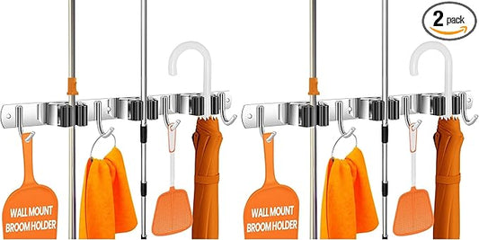 The Good Stuff Compact Mop and Broom Holder Wall Mount – Stainless Steel Organizer with 3 Racks and 2 Hooks – Rust-Resistant, Space-Saving Tool Hanger for Closet, Kitchen, Garage, or RV (Pack of 2)