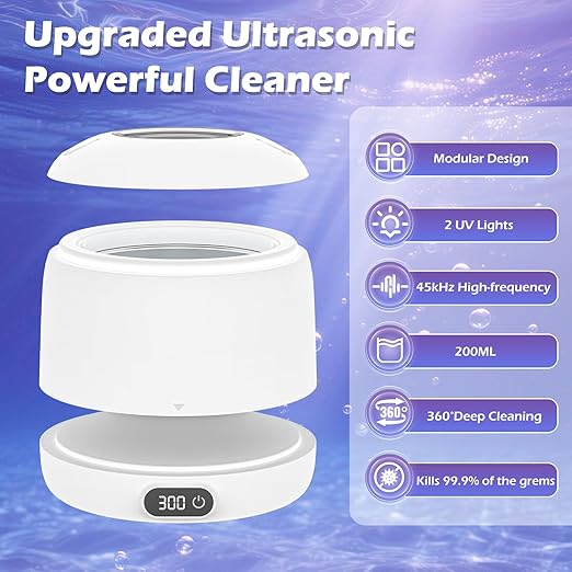 Upgraded Ultrasonic Retainer Cleaner Machine,45kHz Professional Dental Cleaning Pod with Digital Timer & 200ML Capacity,Deep Cleaning for Denture,Night Guard,Aligner,Toothbrush,Jewelry and More(White)