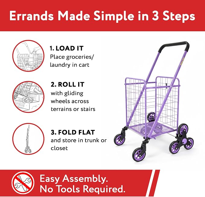 dbest Products Stair Climber Cruiser Cart Shopping Grocery Rolling Folding Laundry Basket on Wheels Foldable Utility Trolley Compact Lightweight Collapsible, Purple