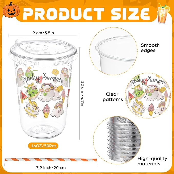 Rtteri 50 Sets Spooky Summer Plastic Cups with Lids and Straws 16 oz Disposable Clear Ghost Themed Cups Bulk for Iced Coffee Juice, Summer Halloween Birthday Party Decorations