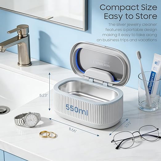 Ultrasonic Jewelry Cleaner Machine with 2×100ml Cleaning Solution, 45kHz Sonic Cleaner for Rings, Glasses & Watch Band, 550ML Stainless Steel Tank, 5 Timer, 3 Power Levels, Degas Mode-Gray