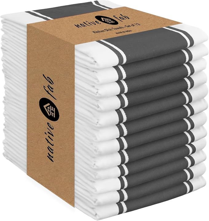 Native Fab Gray Striped Kitchen Towels 18"x28", Set of 12, Wide Stripe, Highly Absorbent, Fast Dry, 100% Cotton Towels for Hand Drying, Counter Cleaning, Dish & Glassware Drying, Wash Rags - Grey