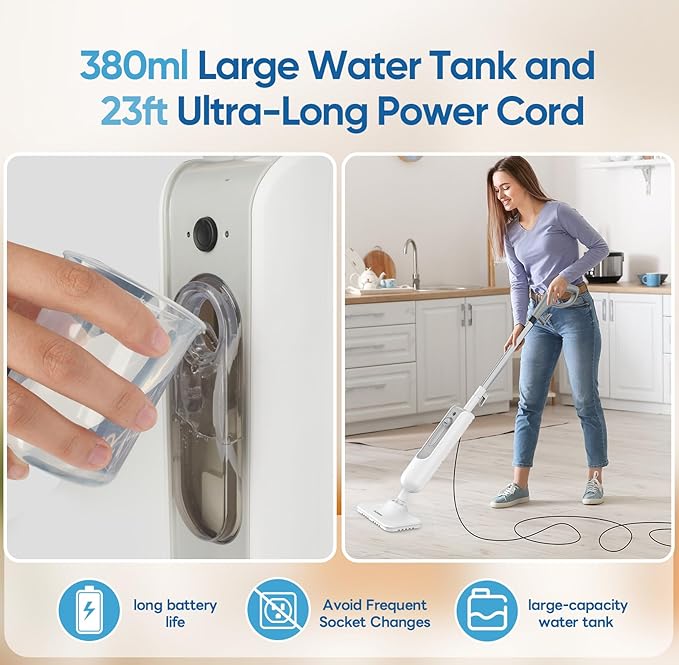 Steam Mop All-in-one Multi-Functional Powerful Steam Cleaner, Handheld Detachable Floor Steamer with 2 Steam Level, 380ML Water Tank & 23FT Power Cord for Whole Home Use
