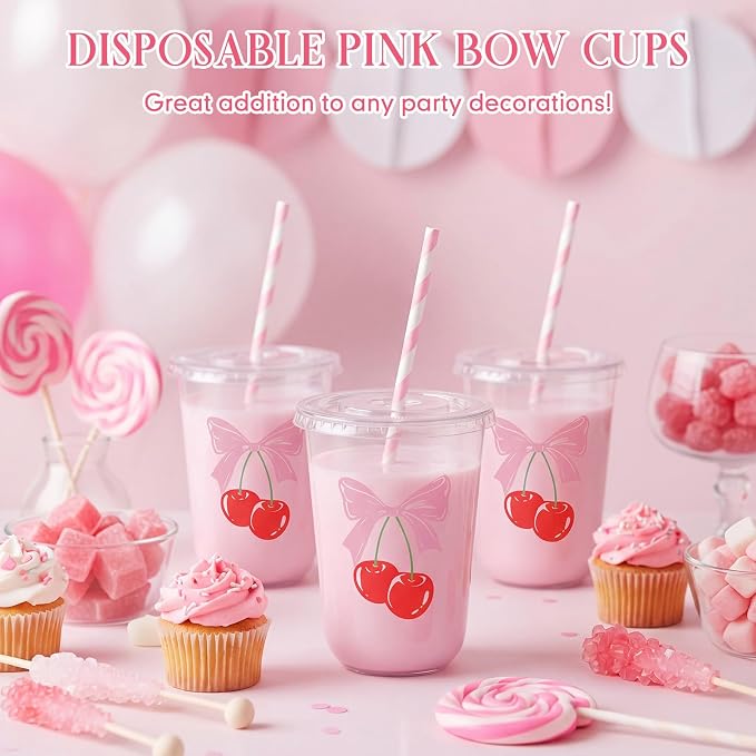 LemonRoad 50sets 16oz Pink Cherry Bow Cups Pink Birthday Party Decorations Supplies Cute Plastic Cups Disposable with Lids and Straws for Valentines Galentines Day Christmas Wedding Baby Shower