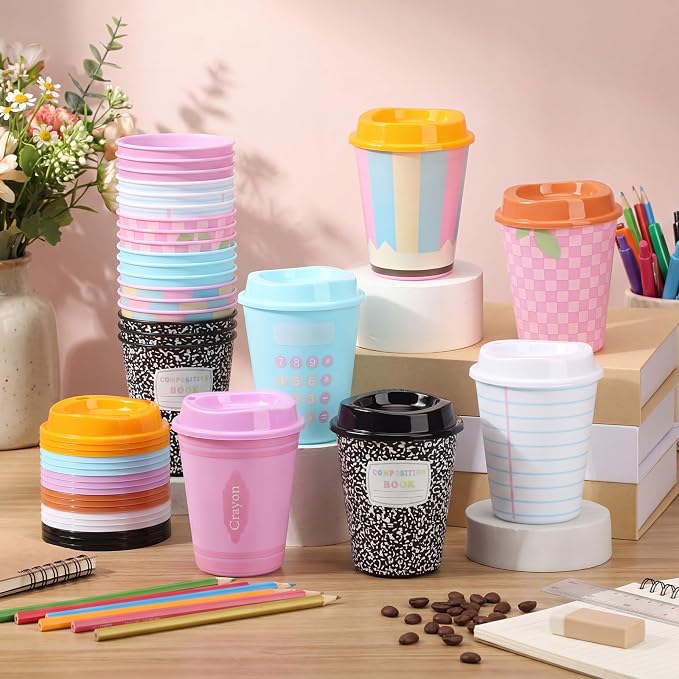 Skylety 24 Pcs Back to School Cups Bulk 12oz Classic and Pastel Style Reusable Plastic Coffee Cups with Lids First Day of School Gifts for Teachers Students Party Favors Supplies (Pastel)