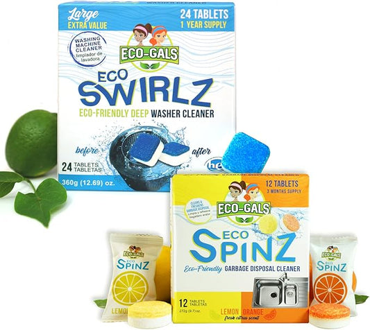 ECO-GALS Eco Swirlz Washing Machine Cleaner For Top and Front Load Washers 1 box of 24 Tablets With Eco Spinz Disposal Cleaner & Odor Eliminator in Dual Scents 1 Box of 6 orange and 6 Lemon