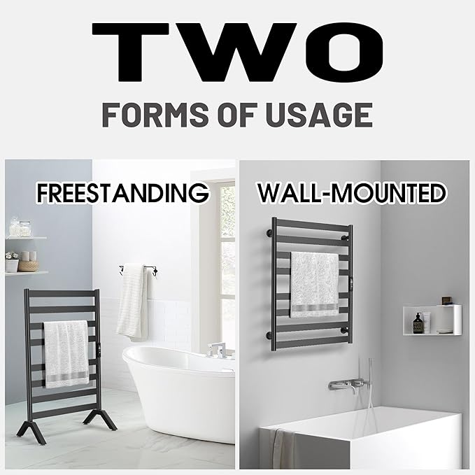 Paraheeter Wall Mounted & Freestanding Heated Towel Rack for Bathrooms. Electric Towel Warmer Rack Heater, Stainless Steel Black. CSA Certified.