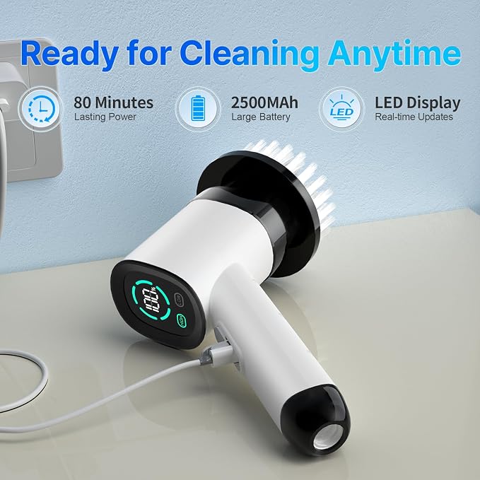 Electric Spin Scrubber-Highyes Cordless Cleaning Brush-Shower Scrubber with 7 Replaceable Brush Heads-Bathroom Scrubber with Detachable Long Handle
