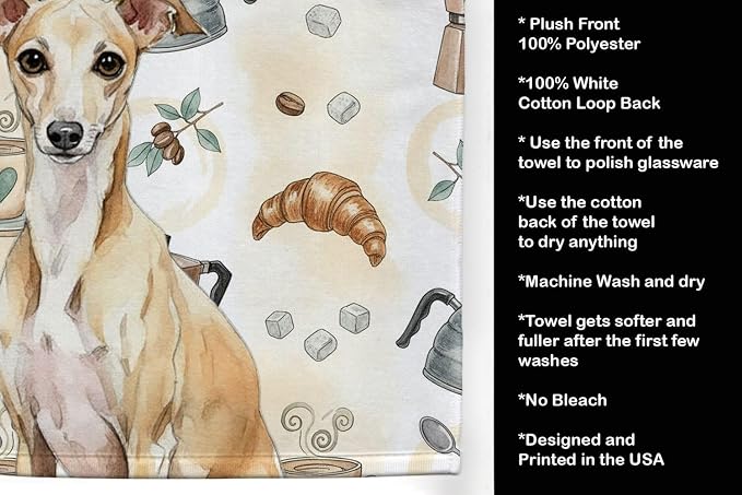 Caroline's Treasures Fawn Italian Greyhound Coffee Bar Kitchen Towel Velour Plush Front and Cotton Loop Back Machine Washable