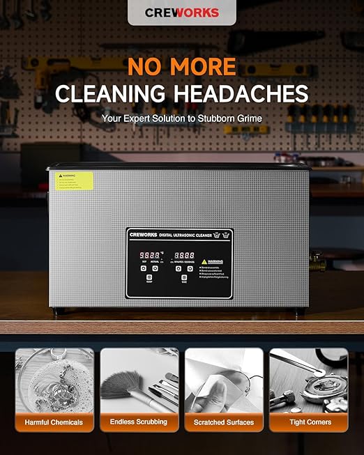 CREWORKS 10L Digital Ultrasonic Cleaner for Elongated Objects, 240W Professional Ultrasonic Parts Cleaner with Heater and Timer, 2.6 gal Lab Ultrasound Cleaner Machine for Gun Part Machine Auto Tool