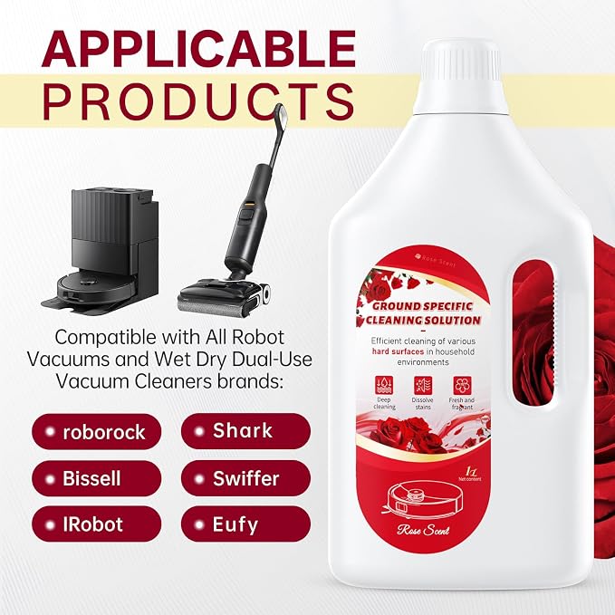 1 L Floor Cleaning Solution Rose Scent, Compatible with Roborock/Shark/Bissell/Swiffer/IRobot/Eufy Quick Drying Without Residue Suitable for All Robot Vacuums and Wet Dry Dual-Use Vacuum Cleaners