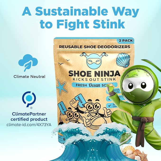 Earth Ninja Home & Shoe Deodorizer Bundle – Fridge Ninja (2 Pack) + Shoe Ninja (2 Pack) – Natural Activated Charcoal Odor Eliminators – Long-Lasting, Reusable Odor Absorbers for Fridge, Shoes, Gym Bag