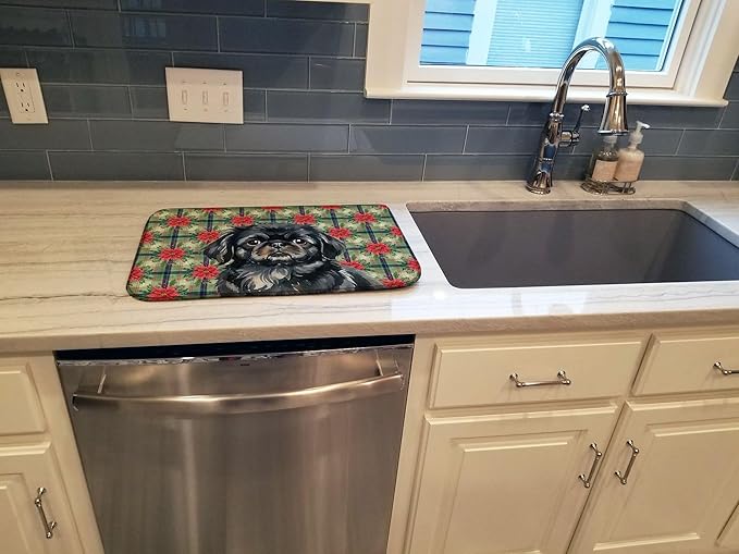 Caroline's Treasures Black Pekingese Christmas PoinsettIas Dish Drying Mat Absorbent Dish Drying Mat Pad for Kitchen Counter Dish Drainer Mat for Countertop, 14 x 21", Multicolor