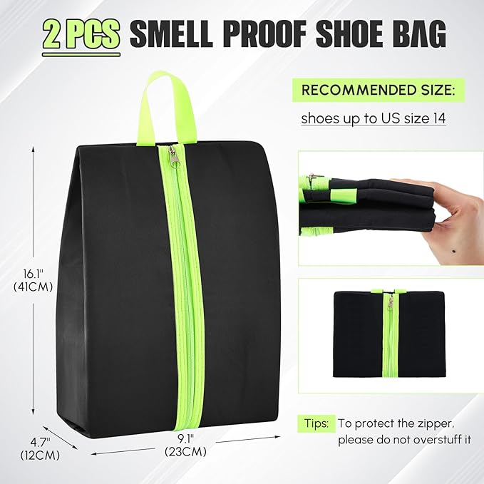 2 Pcs 2 Pack 4 Layer Smell Proof Cleat Bag Fits up to Size 14, Odor & Mud Resistant Cleat Storage, Waterproof, Fits Soccer, Football, Baseball & Golf Shoes (Black,Gray)
