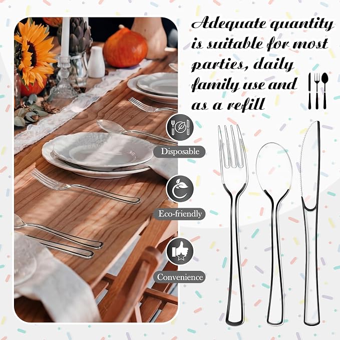 Minatee 150 Pcs Black Plastic Silverware, Clear Disposable Cutlery Set Heavy Duty Utensil Sets 50 Forks 50 Knives 50 Spoons for Birthday Party Home Office School Picnics Restaurant Outdoor Events