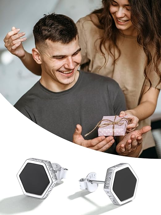 ChicSilver 925 Sterling Silver Viking Rune Natural Black Onyx Stud Earrings For Women Men