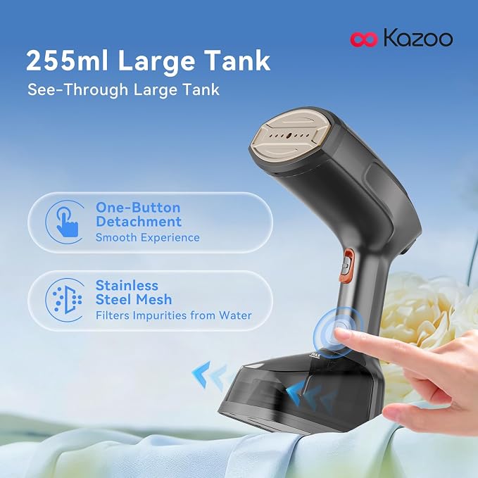 Handheld Steamer for Clothes, 1800W Portable Garment Steamer with 30s Fast Heat, 4 Fabric Modes for Silk/Wool/Cotton/Linen, 255ml Detachable Tank, Wrinkle Remover Iron Press with Lint Brush