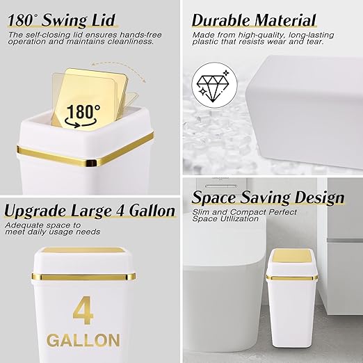 Bathroom Trash Can with Lid 4 Gallon Trash Can Small Garbage Can White Trash Can with 300 Counts Trash Bags for Kitchen Bedroom Office Dorm