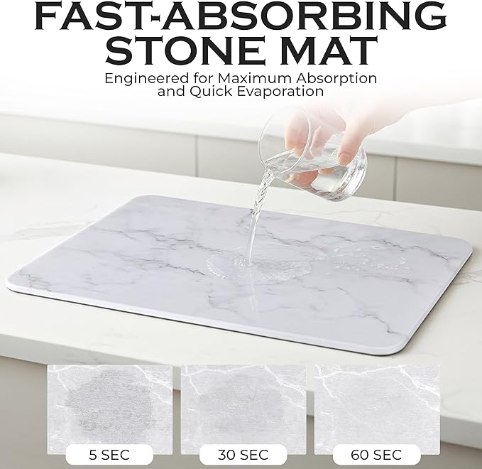 J.B Large Stone Drying Mat for Kitchen Counter - Quick Dry Stone Mat with Sink Caddy, Ultra Absorbent Dish Drying Stone for Kitchen Counter and Bathrooms, 16 x 12 Inch (Light Gray/White Marble Finish)