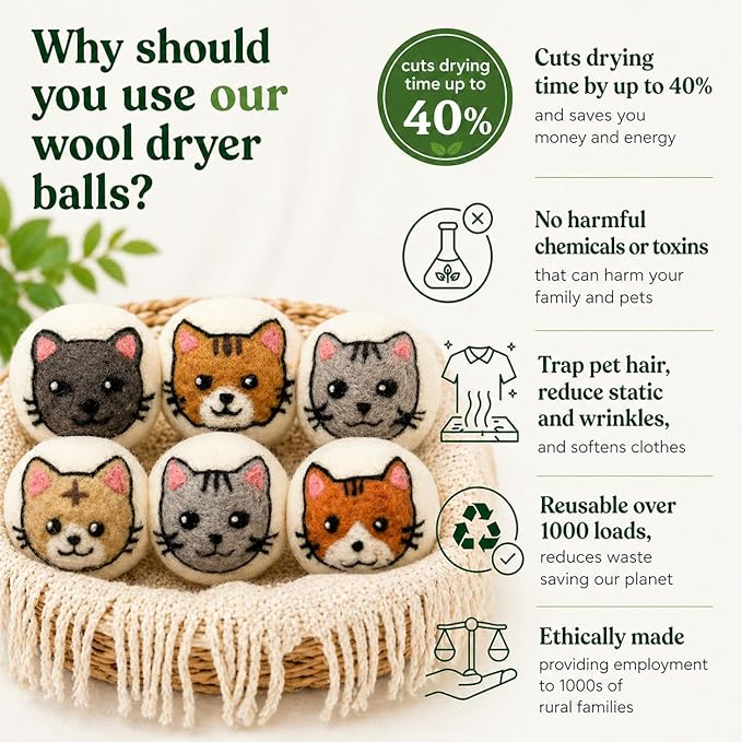 Wool Dryer Balls XL 6-Pack – Organic Wool Dryer Balls for Laundry Reusable, Natural Fabric Softener, Reduces Drying Time, Static, Wrinkles & Laundry Clumping