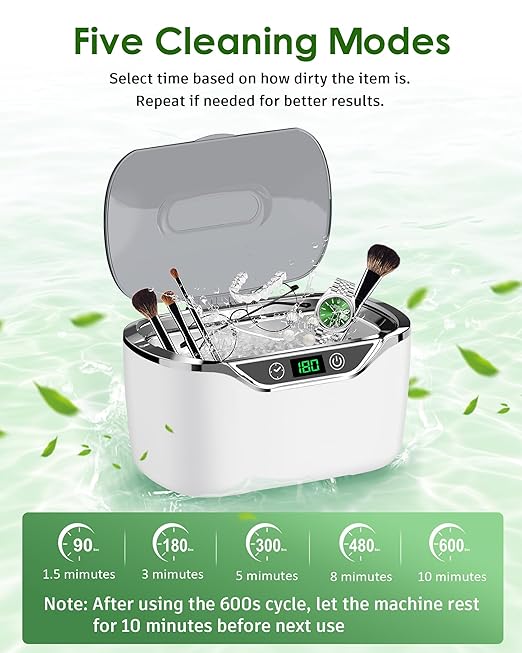 Ultrasonic Jewelry Cleaner, 24oz (700ml) Ultrasonic Cleaner with 48kHz High-Frequency, 5 Cleaning Modes, 304 Stainless Steel Tank, for Jewelry, Eyeglasses, Dentures, Coins, Watch Bands, Ring