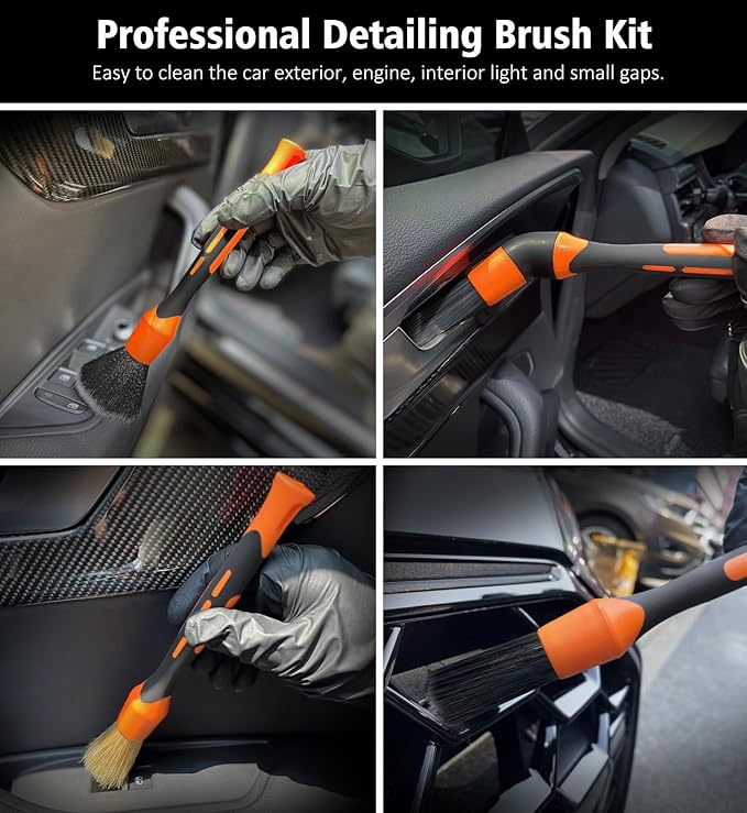 YeewayVeh Car Detailing Brush Set, 5Pcs Car Detailing Brushes with 2 Elbow, 2pcs Boars Hair, 1pc Ultra Soft Detail Brush for Dashboard Air vent Leather Seat, 2pcs Detailing Brush for Interior Exterior