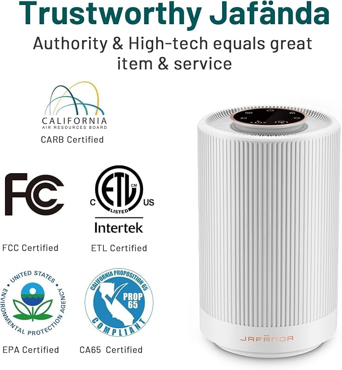 JF100 Air Purifiers for Home bedroom Coverage 450 sqft, HEPA Air Purifier with Brushless Motor, 22 dB Quiet Air cleaner for 99.97% Dust Smoke Odor Pollen Pets Hair Dander, Night Light, White