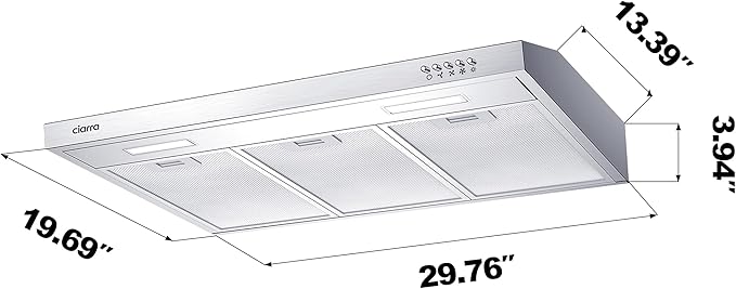 CIARRA Ductless Range Hood 30 inch Under Cabinet Hood Vent with 3 Speed Exhaust Fan Push Button Ducted and Ductless Convertible