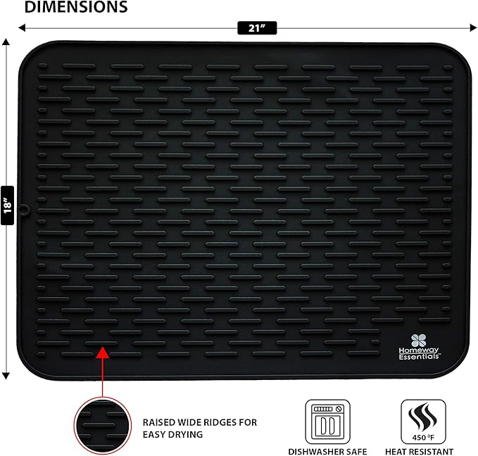 Silicone Dish Drying Mat - 21 x 18 - Extra Large Dish Drying Mat, Counter top Mat, Dish Draining Mat, Sink Mat, Large Silicone Trivet (EXTRA LARGE, BLACK)