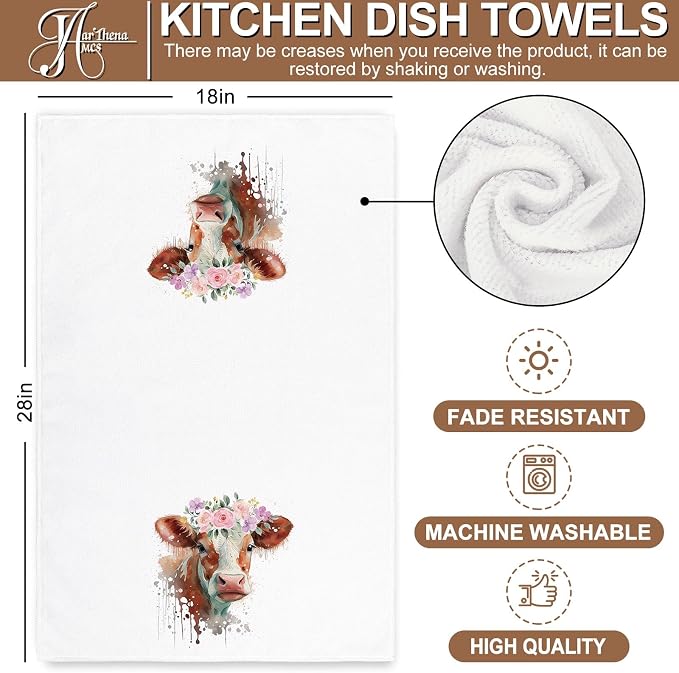 JarThenaAMCS Floral Cow Kitchen Towel 18 x 28 Inch Cute Cow Print Dishcloth Watercolor Decorative Hand Drying Tea Towel for Baking Cooking Cleaning Party Supplies, 6Pcs