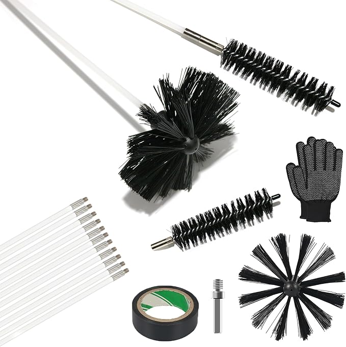 15 Feet Dryer Vent Cleaner Kit, Multi-purpose Lint Remover with 6” Chimney Brush Head, Flexible Nylon Rod Extends to 15ft Duct Cleaning Brush For Dryer, Air Duct, Fireplaces, Washing machine