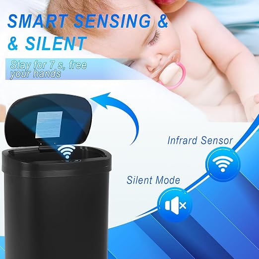 24/7 Shop at Home Freeway 13 Gallon Metal Household Trash Can Motion Sensor Lid for Kitchen, Black
