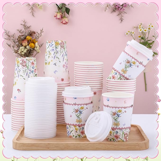 NatNarr 60 Pack Spring Wildflower Coffee Cup with Lids Sleeves, 12oz Insulated To Go Coffee Cups Disposable Butterfly Wildflower Paper Cup for Birthday Garden Wedding Baby Bridal Shower Supplies